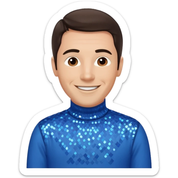 Anthony Field from The Wiggles with dark brown hair, blue sequin skivvy shirt, fair skin sticker