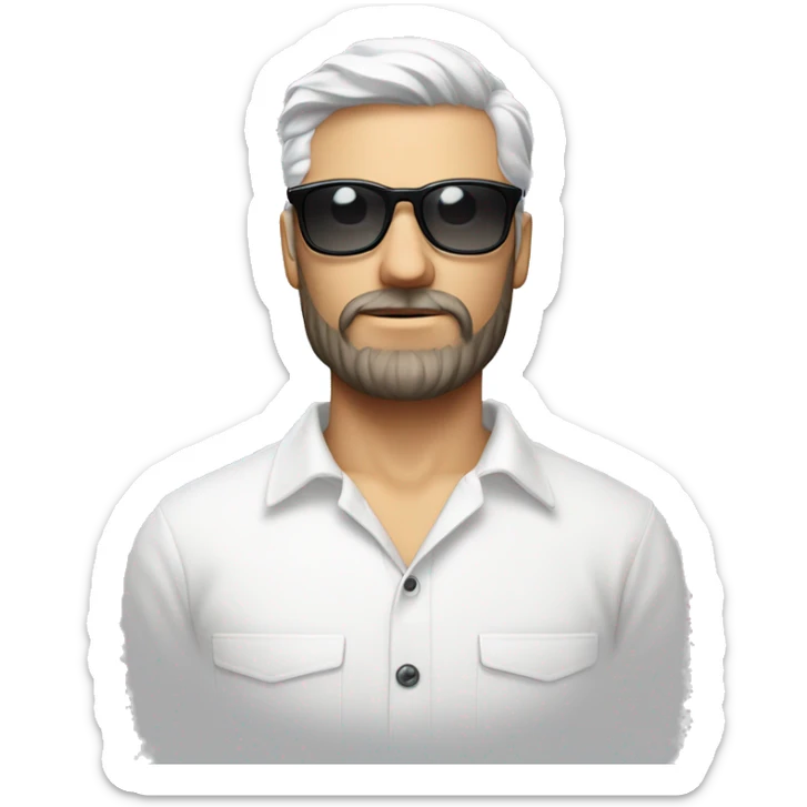 Homme blanc avec crane rasé, petite barbe, chemise blanche, lunette de soleil grise prada  sticker