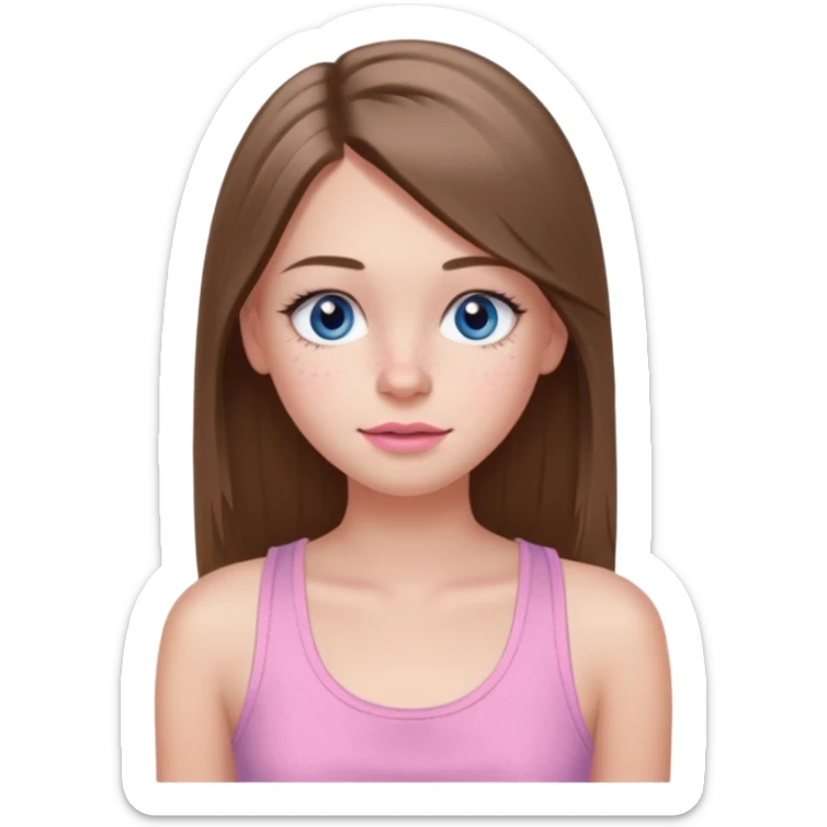 Create a TEENAGE girl with LONG and straight light brunette hair with a MIDDLE PART, light skin, light freckles, and blue-gray eyes. She will have pink lips and LONG eyelashes. She will be wearing a light pink tank top sticker