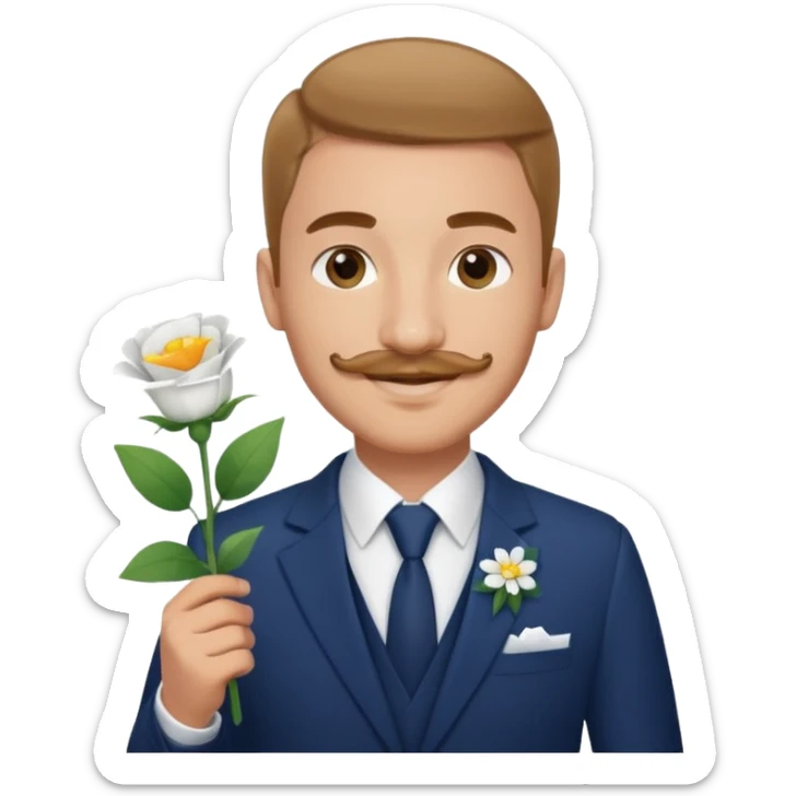 Homme 23 ans léger bouc moustache pas trop épaisse en costume bleu foncé chemise blanche insigne cabin crew portant bouquet fleur blanche souriant  sticker