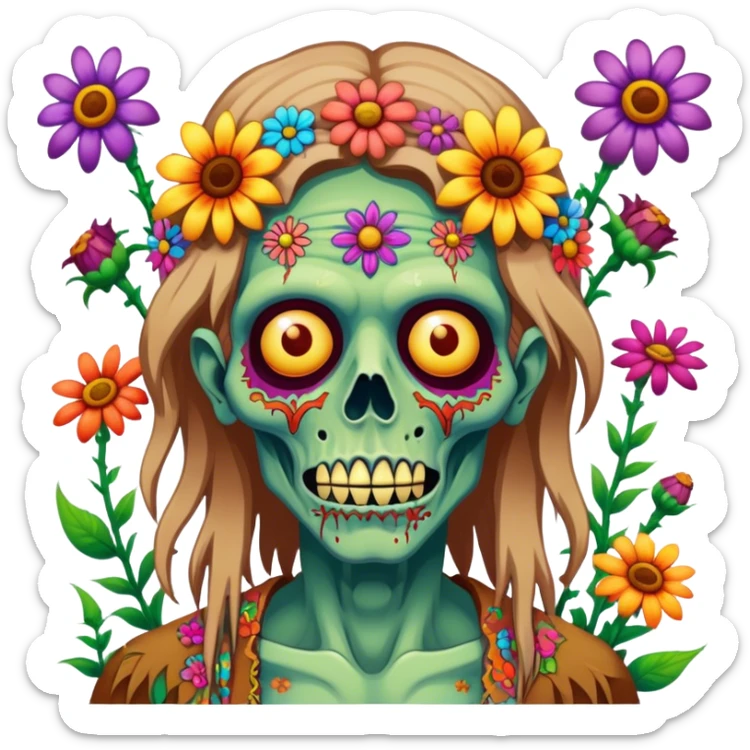 Cinematic ultra detailed 32k HD Psychedelic colored hippie style zombie with flowers sticker