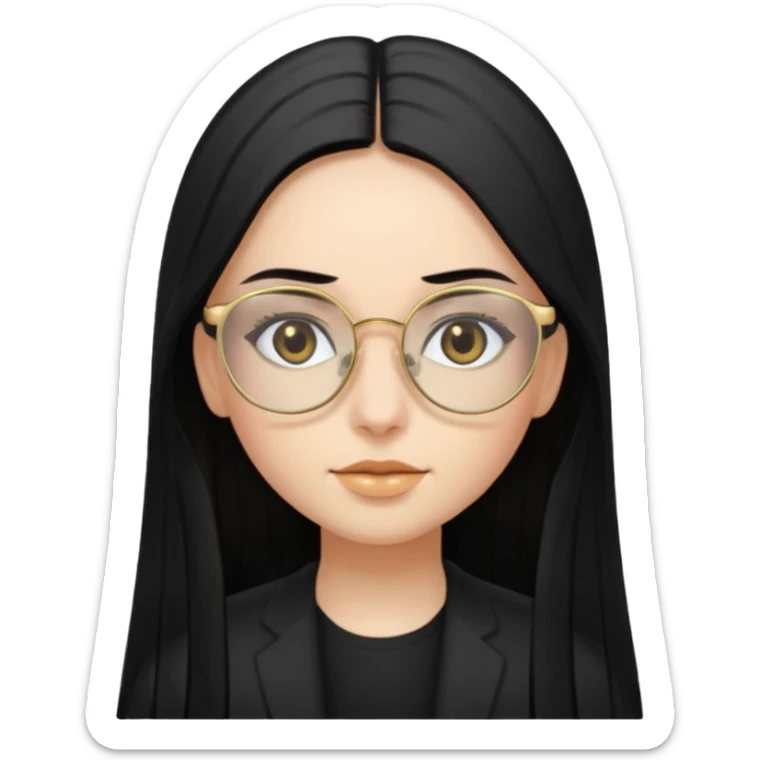 A girl with straight long black hair, hazel eyes and gold-black glasses sticker