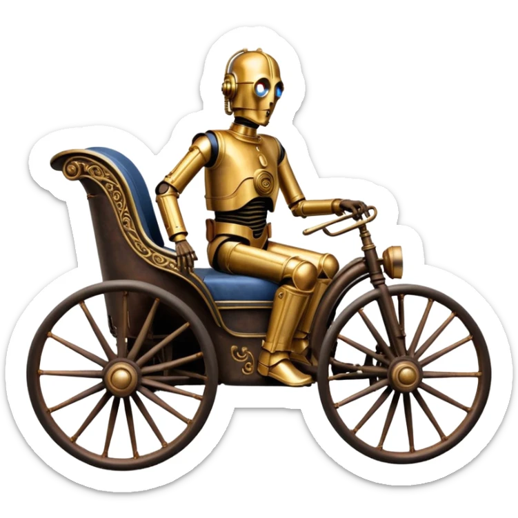 Old rust American West tarnished C-3PO policeman in 1864 delicately ornate rosegold accents painted buggy powered by electric motors and batteries with safety features and belts  sticker