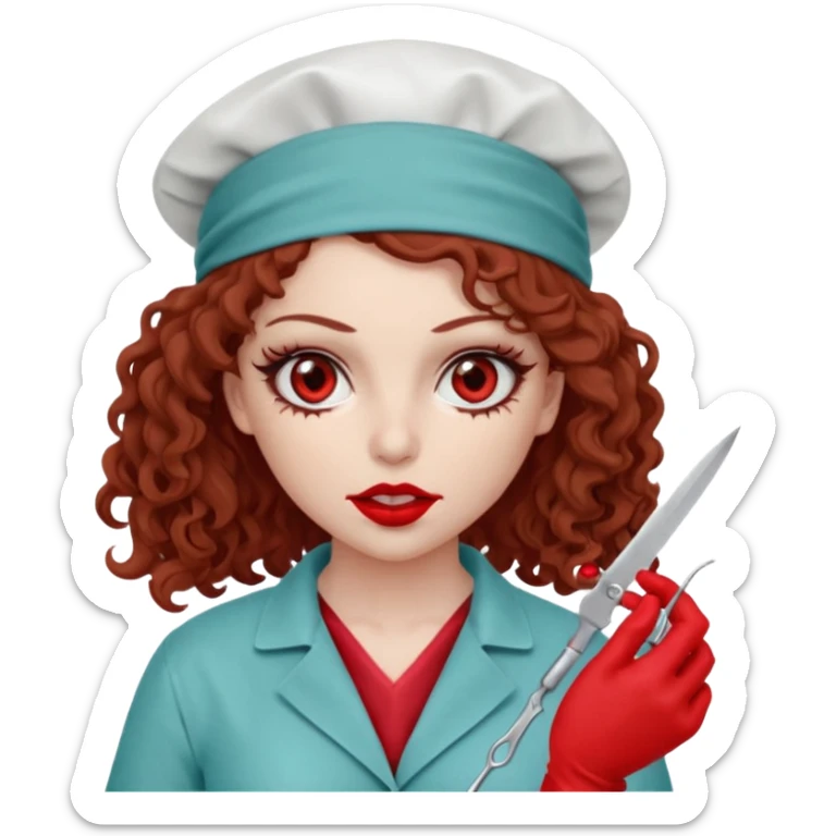 Scary woman scalpel in hand, evil surgeon sexy surgeon clothes.  She has red eyes. Her  brown long curly hair. Wears sexy doctor outfit with red gloves. Only uses red bandanna  to hide her face mouth with red bandana to hide her identity sticker
