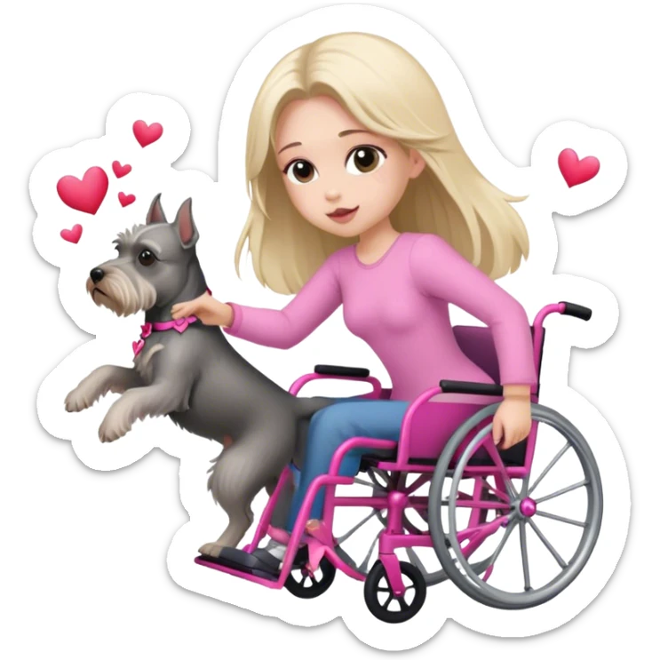 Pink wheelchair with girl and long blond hair throwing hearts with  mini schnauzer following  sticker