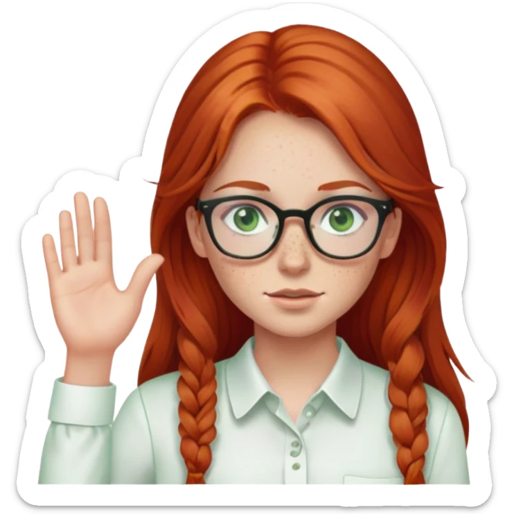 red-haired girl, long hair, green eyes, freckles, glasses, white shirt, sticker