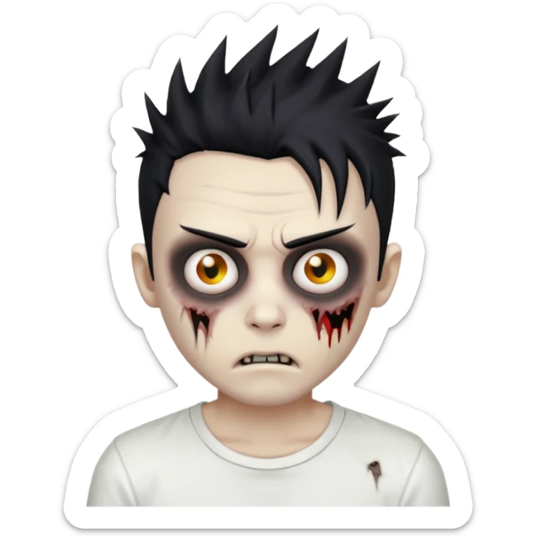 zombie boy with wild spiky hair, white shirt, dark circles under eyes, emoji style sticker