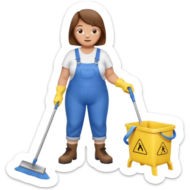 old and fat women, brown hair, Custodian with yellow rubber gloves, white T-shirt, blue overalls, mopping floor sticker