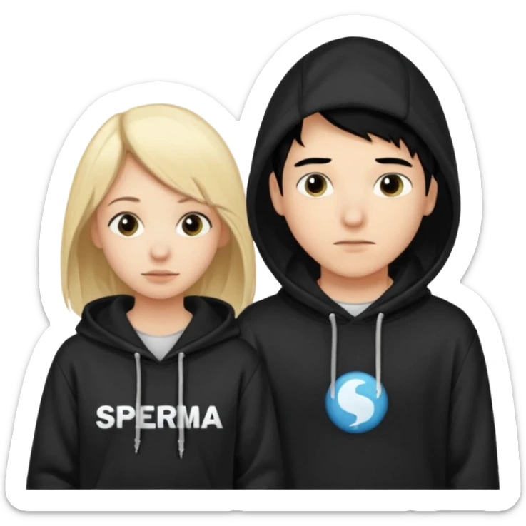 chce by to byla taka emotka 🙍‍♂️
chlopaka z czarnymi losami i czarna bluza z biaty.m
napisem "sperma" na srdoku i zeby za nim stala taka ladna blondynka z wlosami do klatki piersiowej ciagnaca za sznurek od
kaptura od bluzy tej pierwszej osobyl sticker