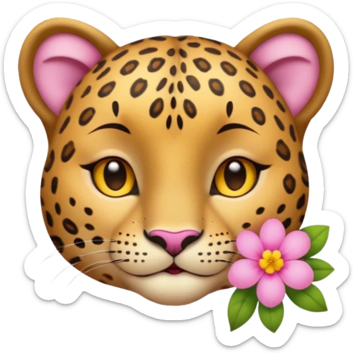 A cutE leopard face with eyes closed and a peaceful smile. A pink flower with a yellow center is tucked behind its right ear, adding a charming and gentle touch.  sticker