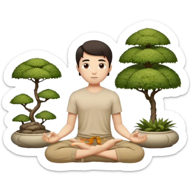 rapaz magro cabelo escuro, camiseta bege e  bermuda bege escuro, corpo inteiro meditando  num jardim oriental sticker