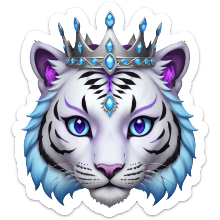 ESO Female white/black tiger khajiit leader of the umbral rose, glowing blue eyes, glowing blue 'third eye' gem; silver crown/tiara with purple gems  sticker