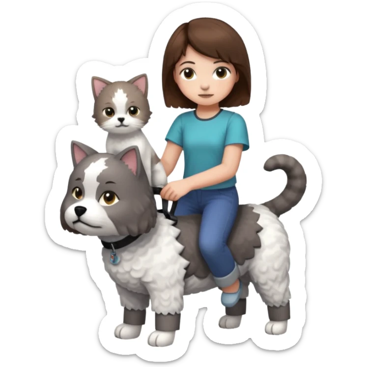 A grey cat standing on the back of a white bichon frisør dog, with a girl with short brown hair sitting beside playing Minecraft sticker