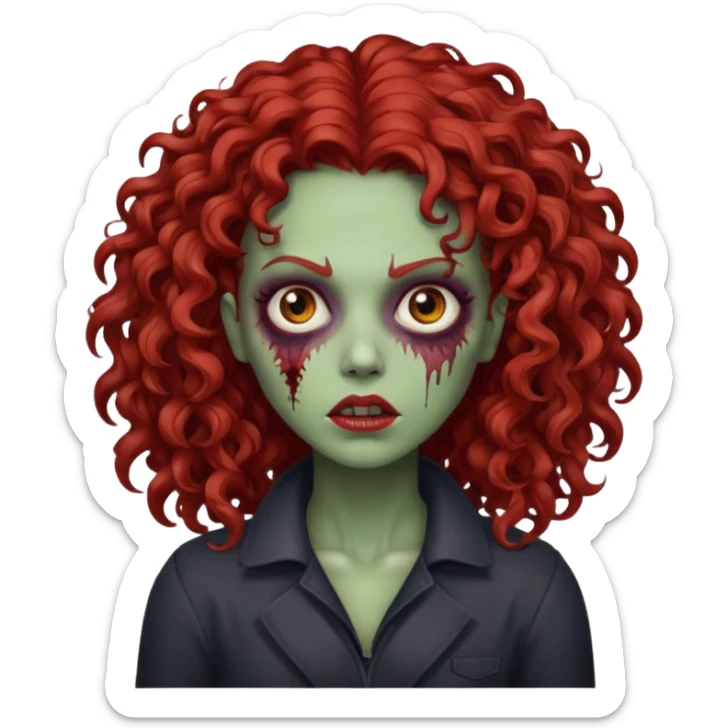 Emoji zombie feminino estilo iPhone com cabelo cacheado volumoso vermelho  sticker