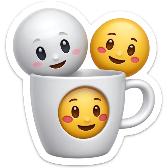 Cute 3D cartoon emoji style sticker of a cup and ball game, glossy plastic texture, soft lighting, smooth shadows, playful expression, high detail, white outline sticker, transparent background” sticker