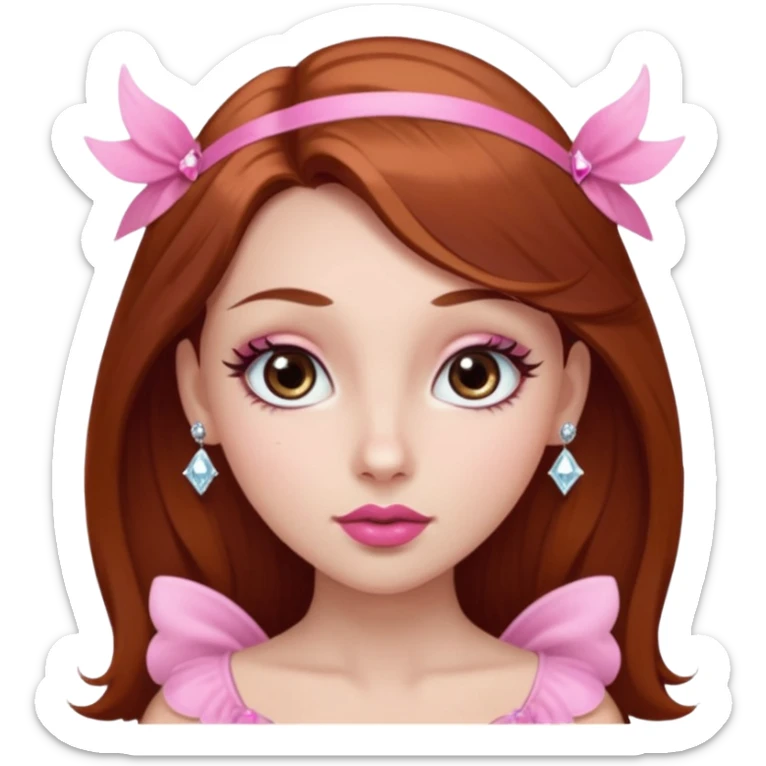 girl with fair skin, long straight reddish brown hair, big brown almond eyes, long eyelashes, thick dark eyebrows, straight nose, full pink lips with cupids bow, diamond face shape, clean girl aesthetic sticker