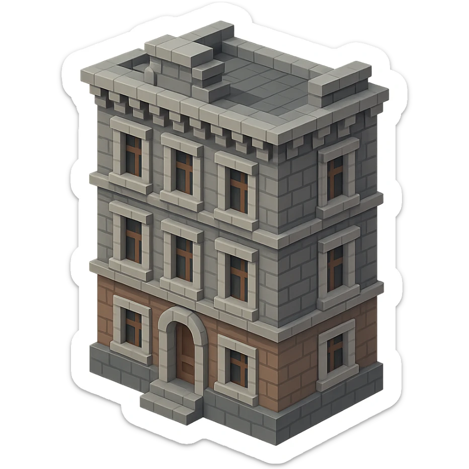 old Saint Petersburg building, decorative cornices, muted gray and brown colors, isometric view sticker
