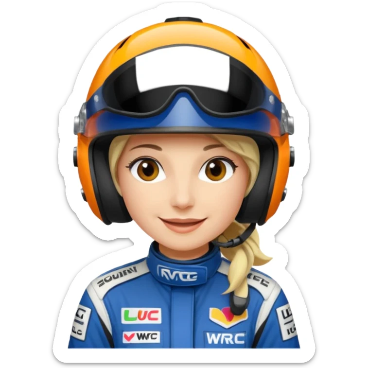 Je souhaiterai un emoji d'une femme, pilote de rallye WRC qui porte un casque et une combinaison aux couleurs de la marque LU sticker