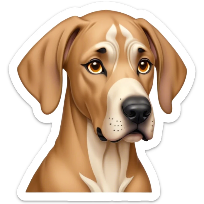 Cinematic Noble Fawn Great Dane Portrait Emoji, Poised and regal, with a towering, muscular build and a sleek, well-groomed solid fawn coat accented by subtle dark markings, deep-set soulful amber eyes, Simplified yet sharp and sophisticated features, highly detailed, glowing with a soft, dignified glow, high shine, intelligent and gentle, stylized with an air of majesty, focused and attentive, soft glowing outline, capturing the essence of a watchful and confident guardian, so majestic it feels as though it could stride out of the screen with effortless authority! sticker