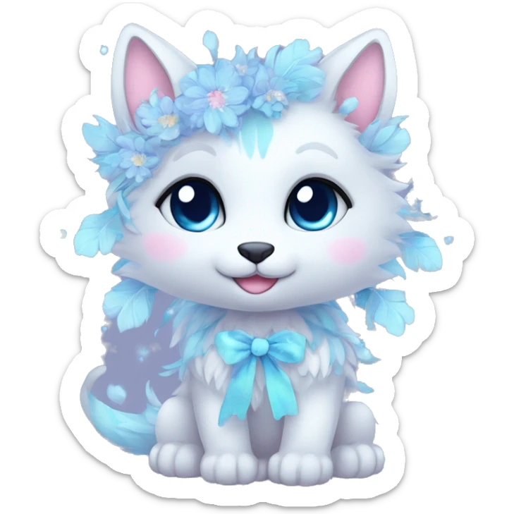Anthro Cute Cool Pastel Kawaii gorgeous sparkly ethereal fantasy animal creature with blue eyes furry sona with flowers and ribbons beautiful aesthetic sticker