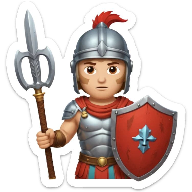 An emoji of the Roman god Mars. He is a warrior with a helmet and armor, holding a sword and shield, with a fierce expression. sticker