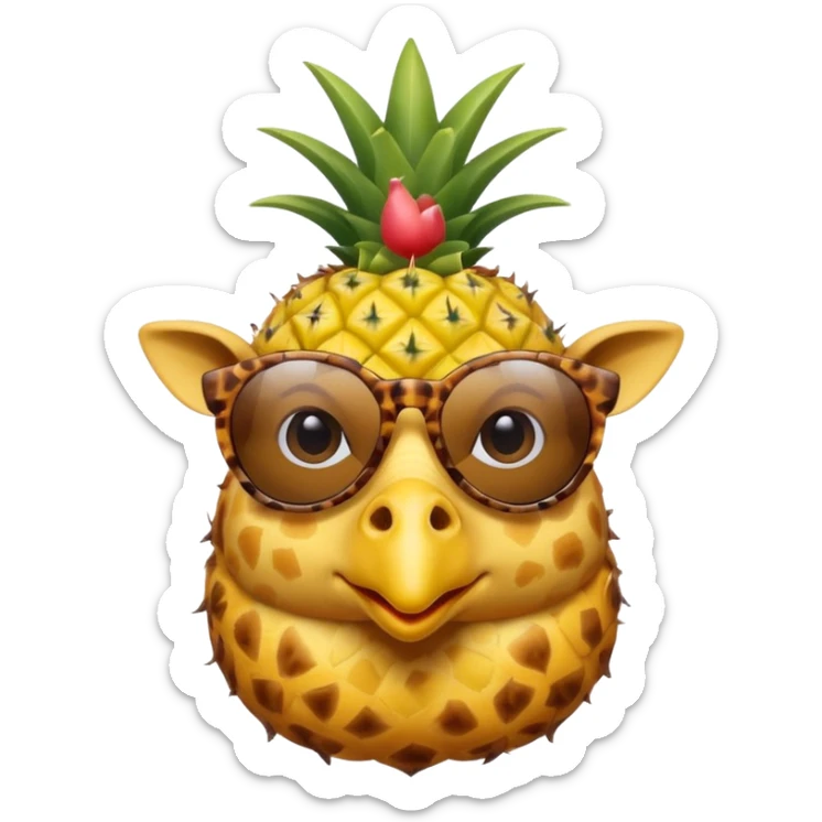 Hybrid of giraffe and chicken wearing pineapple sunglasses with a top hat sticker