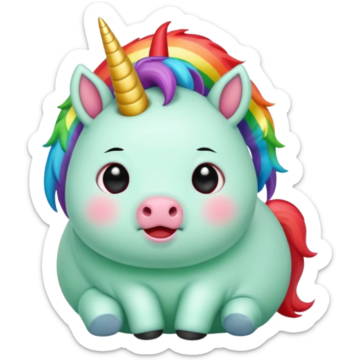 Small chubby unicorn in colours of jade green, black and red eyes, farting rainbow sticker