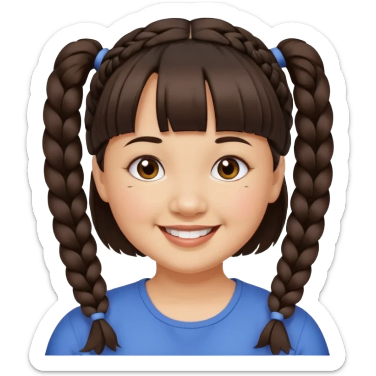 woman with dark brown hair in pigtail braids, blunt cut bangs, chubby, brown eyes, smiling without teeth showing sticker