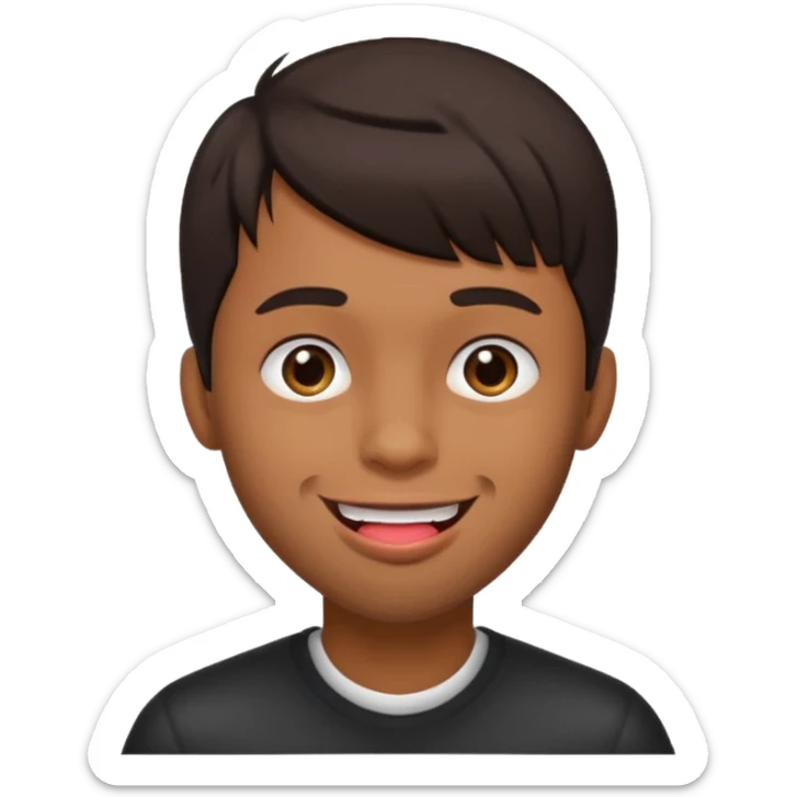 A brown skin guy with dark bangs hairstyles that is his covering forehead, his head is tilted back a bit and his tongue is out sticker