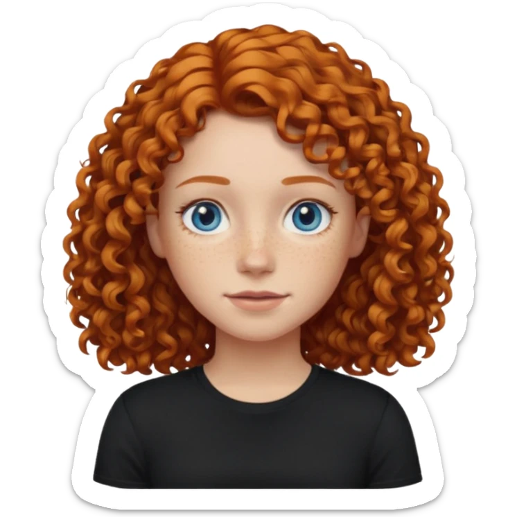 Make an image of an I phone emoji girl with a black t shirt shoulder length ginger hair that’s curly blue eyes and freckles sticker