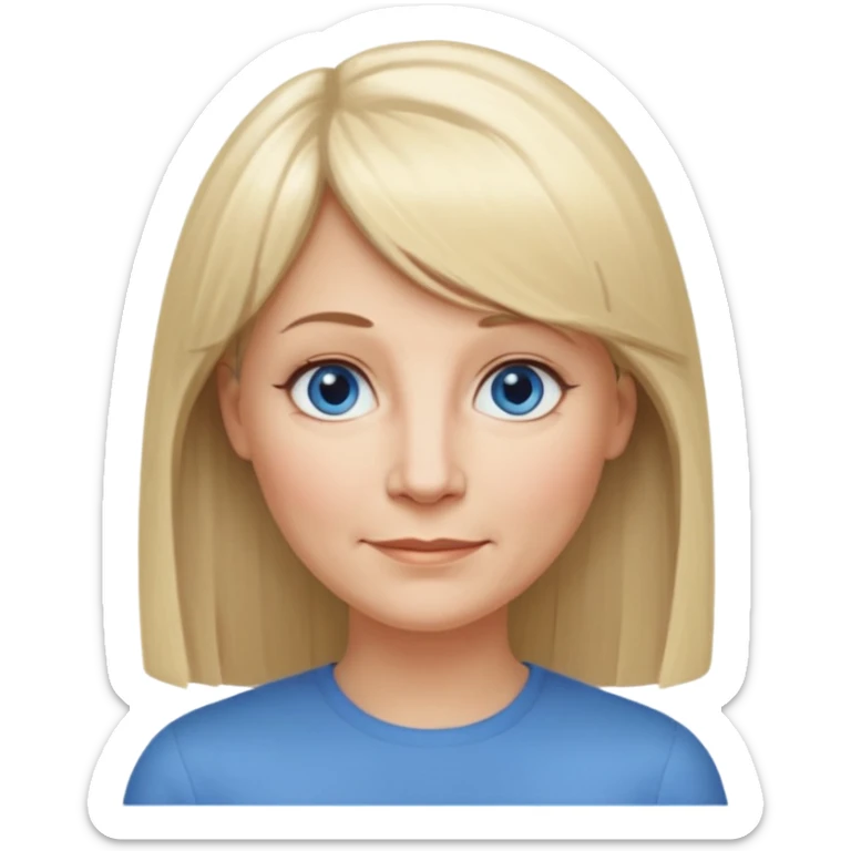 50 yr old white woman, hippe part bangs, very long straight blond hair, oval face, small smile, blue eyes, thin face, hair downback, hair parted at center of head, round cheeks, pale, longer hair sticker