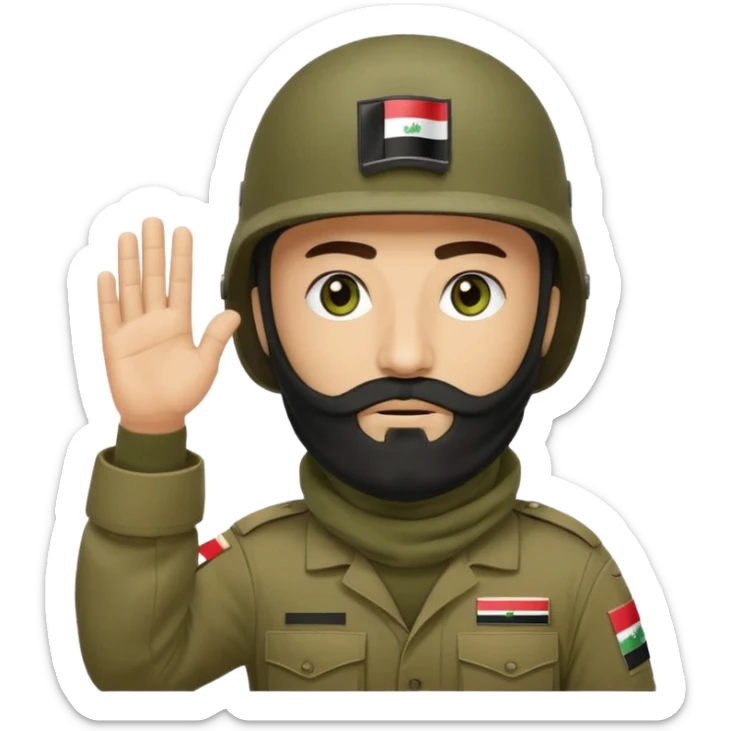surrenders, depicts an Iraqi soldier from 1980, with a beard, in a helmet, a helmet with sign flag Iraq, with a balaclava, with sad eyes and both hands raised up sticker