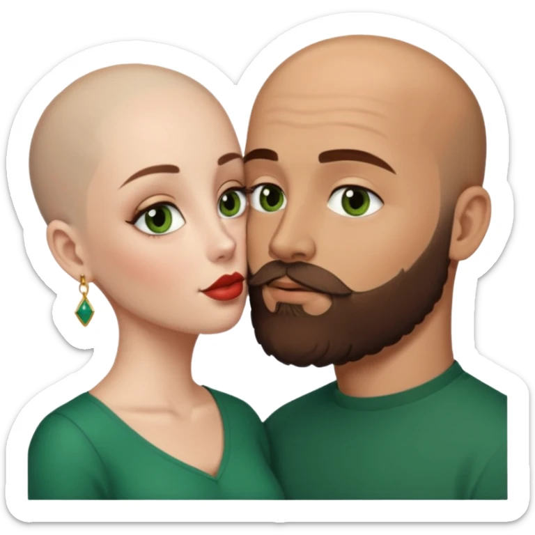 Man beard bald white dark green eyes, woman medium hair brown brown eyed latina kissing sticker