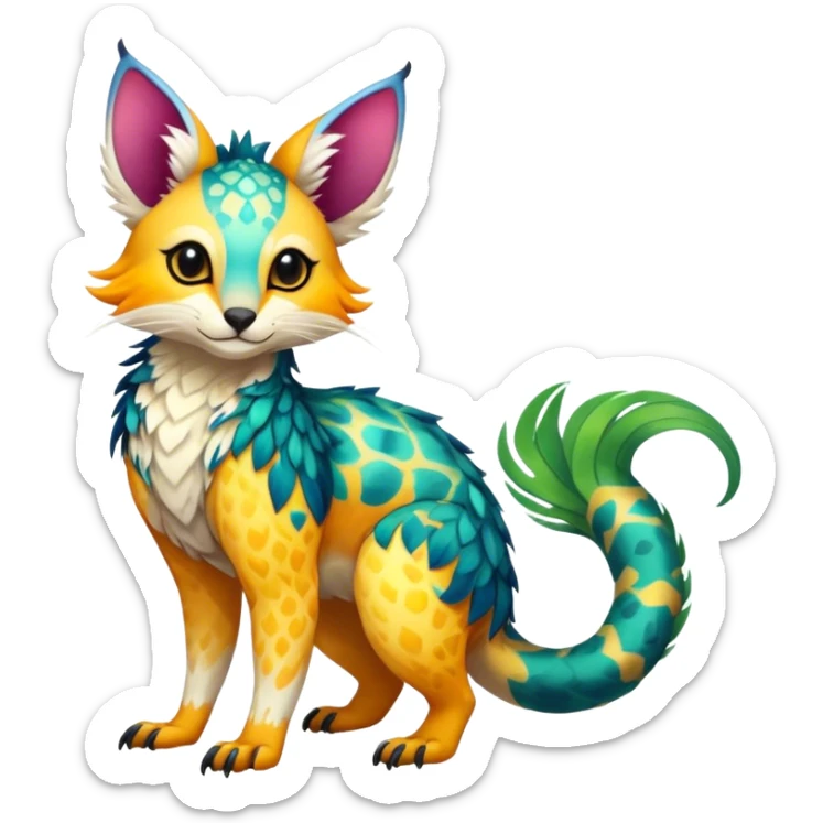 Feral Rare Fantasy vibrant colorful tropical Vernid-Trico-species by LiLaiRa, random markings, tufted tail, tufted ears, full body sticker