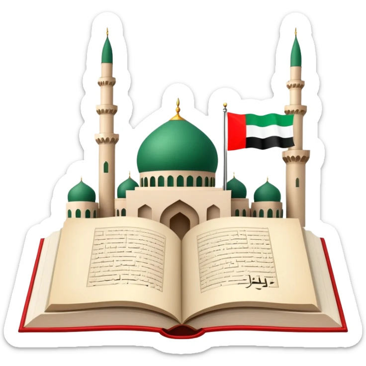An icon featuring the mosque and the flag of United Arab Emirates, symbolizing the Arabic language. The design includes an open book with Arabic script and calligraphy, representing language learning and cultural heritage. Transparent background sticker