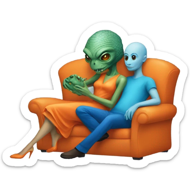 A reptilian alien woman in orange dress kissing human man in blue dress, on sofa sticker