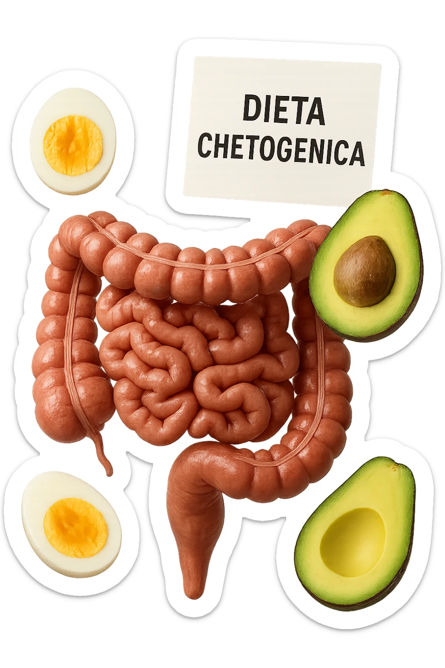 intestino umano anatomico con uova sode e avocado che gli fluttuano intorno insieme ad un foglio con la scritta "DIETA CHETOGENICA" CHE FLUTTUA IN ARIA sticker