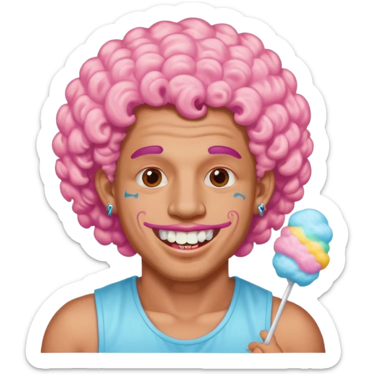 very cheerful colorful puffy curly haired man made out of cotton candy with teeth-braces and tattoos and face tattoos just face  sticker