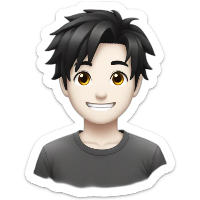 anime boy cartoon smiling with black hair, black and white t shirt, and black eyes sticker
