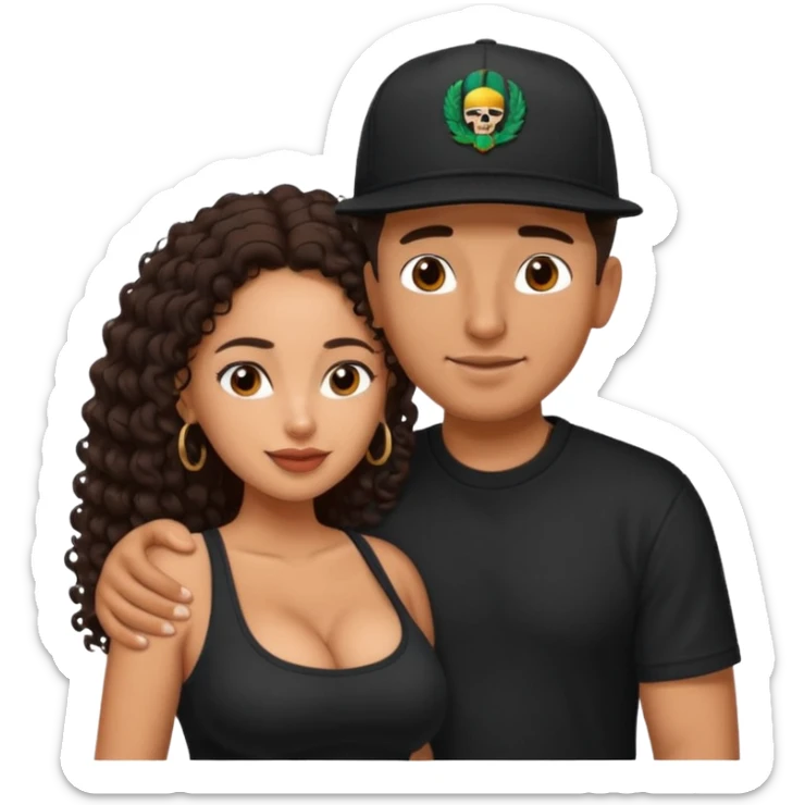 A picture of an embracing tanned couple. the man is a Mexican man with tanned skin, with a bald hair cut wearing a SnapBack hat and a black shirt. the woman has curly longer dark brown hair, thick and with big boobs   sticker