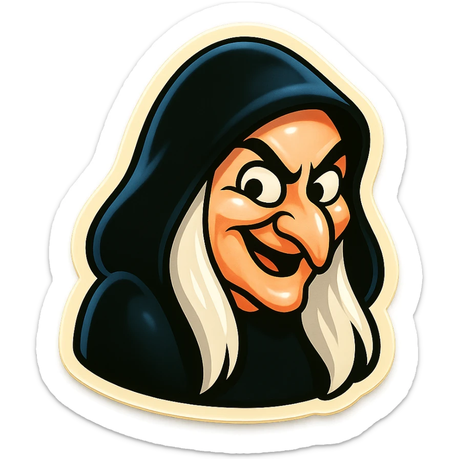 mischievous witch emoji with pale skin, long white hair, black hood, classic animated look sticker
