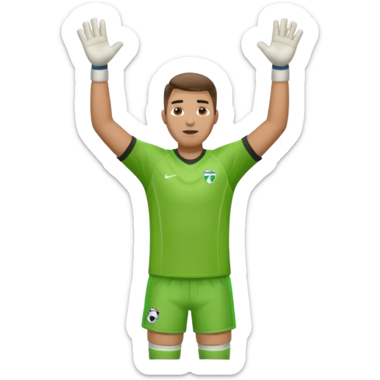 goalkeeper, standing, wearing a green shirt, shorts, socks and football trainers, with arms raised sticker