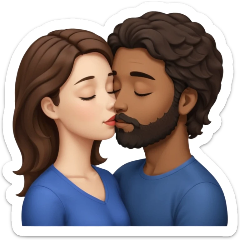 White woman (brown hair with eyes closed) kissing the top of the head (forehead) of brown man with black wavy hair (has a a beard with his eyes closed too). Woman has her lips to the forehead of the man. sticker