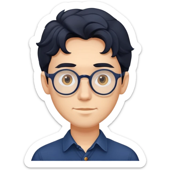 Upper body only of young caucasian man with longer wavy black hair, round glasses, wearing comfortable dark blue buttoned shirt sticker