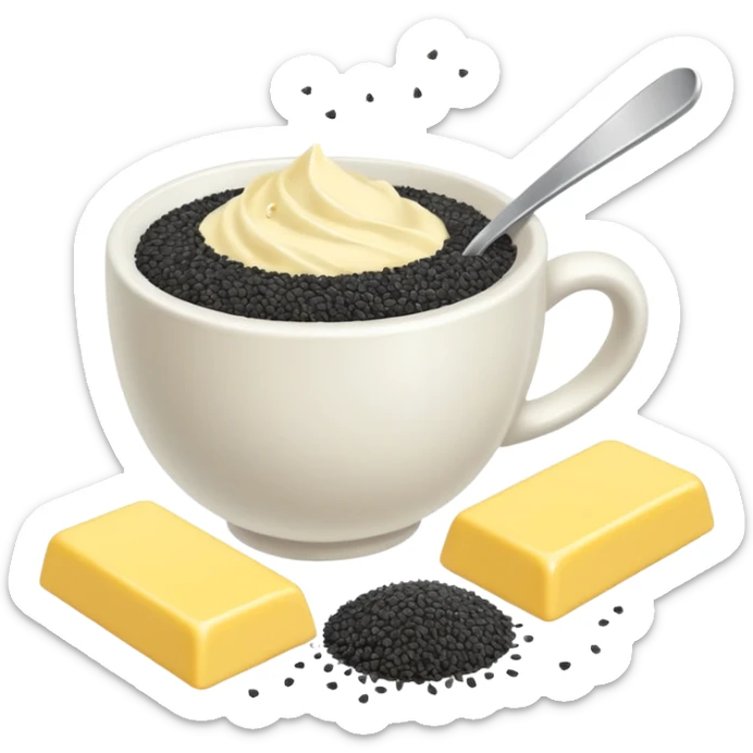 white cup of sugar and black sesame seeds and bar of butter without a face sticker