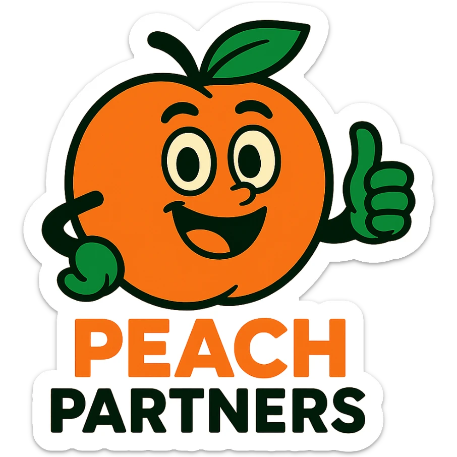 friendly peach mascot for 'Peach Partners' logo, vibrant colors, cheerful expression, peach giving a thumbs up sticker