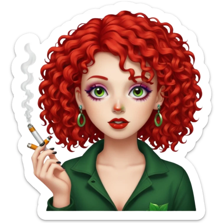 bright red curly hair alt girl with makeup and piercings smoking weed sticker