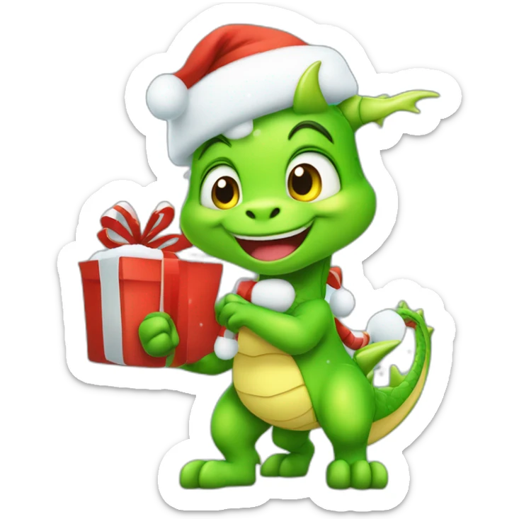 happy little green cartoon dragon of child, in winter, in work pants, in work clothes, in winter boots, in a Santa Claus hat, New Year, with presents sticker