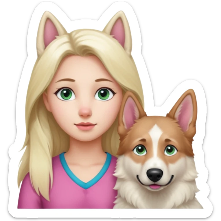 White European young woman with blue-green eyes and long blond hair with her white German Shepherd dog,the Dog has a pink nose and short fur  and Brown eyes sticker