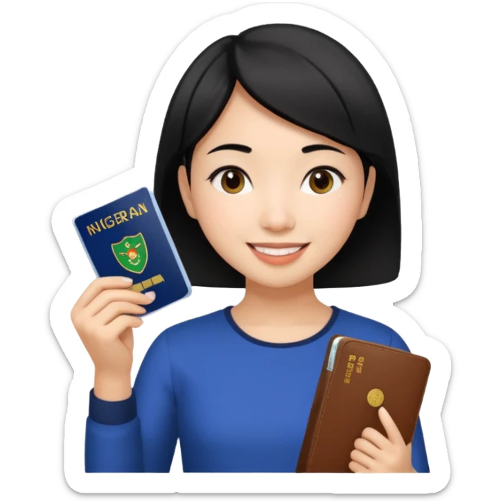 Nigeria, travel visa, with a Asian girl with short black hair, fair skin, and a young, enthusiastic smile sticker
